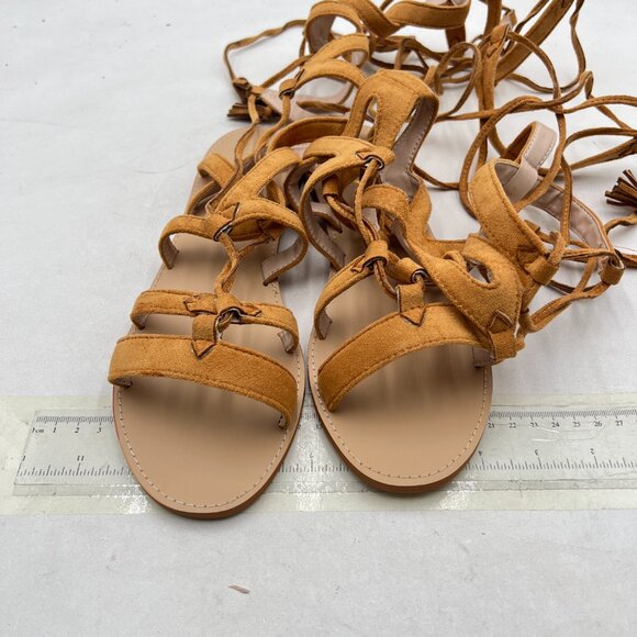 YDN Tan Sexy Knee High Lace up Flats Fringe Gladiator Strap Sandals - Picture 3 of 8